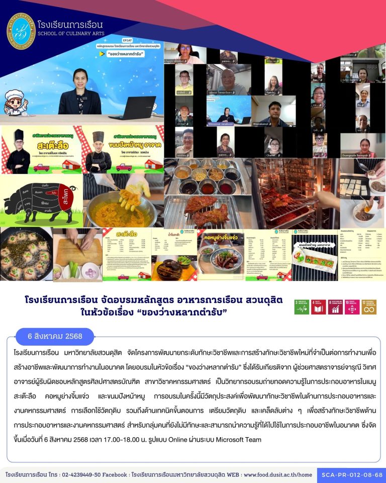 โรงเรียนการเรือน มหาวิทยาลัยสวนดุสิต จัดโครงการพัฒนายกระดับทักษะวิชาชีพและการสร้างทักษะวิชาชีพใหม่ที่จำเป็นต่อการทำงานเพื่อสร้างอาชีพและพัฒนาการทำงานในอนาคต โดยอบรมในหัวข้อเรื่อง “ของว่างหลากตำรับ”