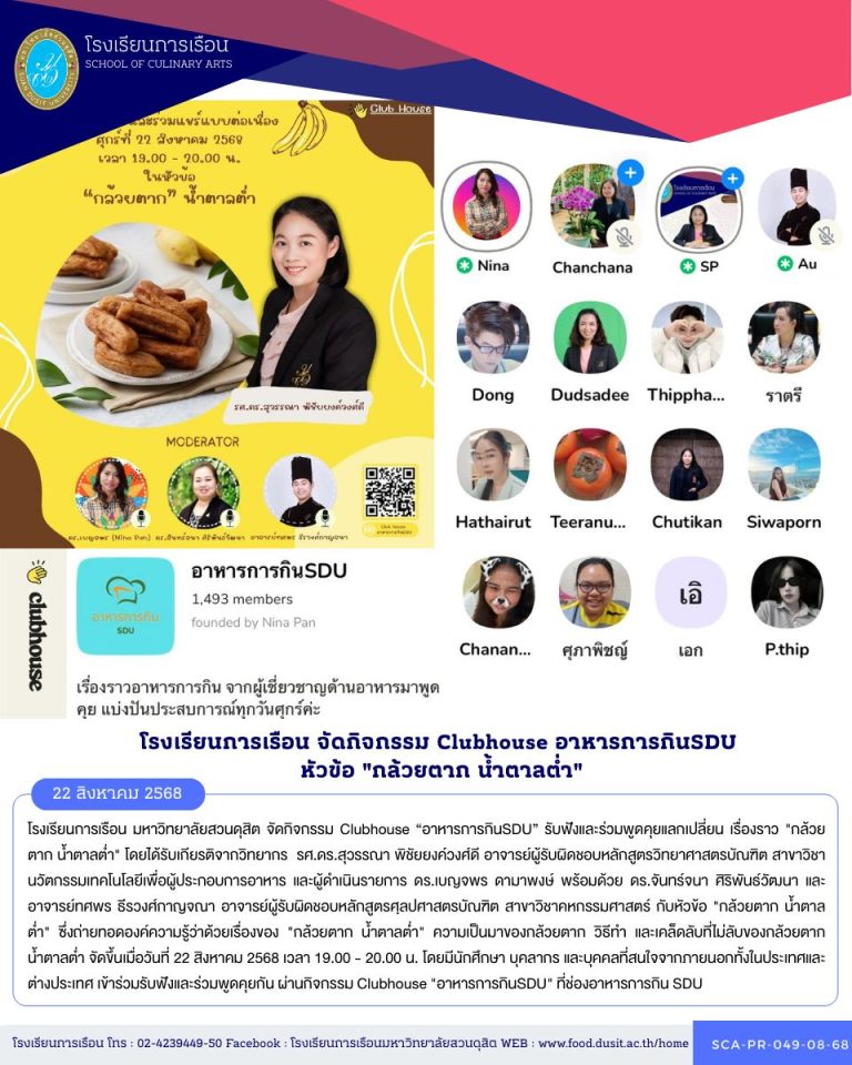 กิจกรรม Clubhouse “อาหารการกินSDU” รับฟังและร่วมพูดคุยแลกเปลี่ยน เรื่องราว “กล้วยตาก น้ำตาลต่ำ”