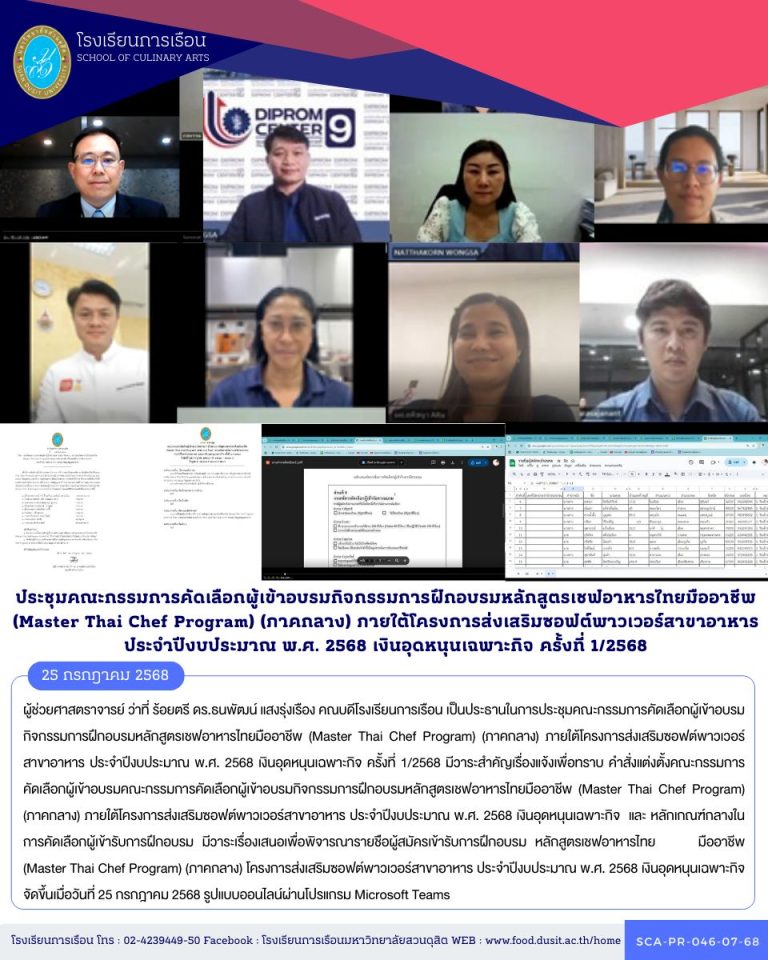 ประชุมคณะกรรมการคัดเลือกผู้เข้าอบรมกิจกรรมการฝึกอบรมหลักสูตรเชฟอาหารไทยมืออาชีพ (Master Thai Chef Program) (ภาคกลาง) ภายใต้โครงการส่งเสริมซอฟต์พาวเวอร์สาขาอาหาร ประจำปีงบประมาณ พ.ศ. 2568 เงินอุดหนุนเฉพาะกิจ ครั้งที่ 1/2568