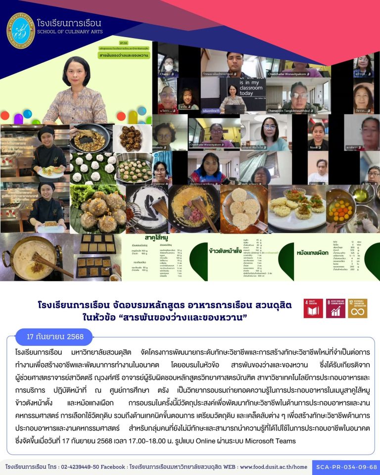 โรงเรียนการเรือน มหาวิทยาลัยสวนดุสิต จัดโครงการพัฒนายกระดับทักษะวิชาชีพและการสร้างทักษะวิชาชีพใหม่ที่จำเป็นต่อการทำงานเพื่อสร้างอาชีพและพัฒนาการทำงานในอนาคต โดยอบรมในหัวข้อ สารพันของว่างและของหวาน