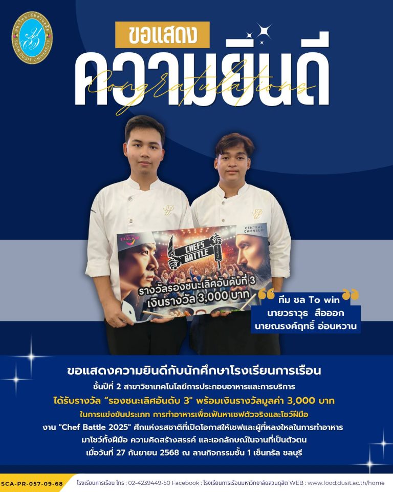 ขอแสดงความยินดีกับนักศึกษาชั้นปีที่ 2 ทีม ชล To win นักศึกษาสาขาเทคโนโลยีการประกอบอาหารและการบริการ