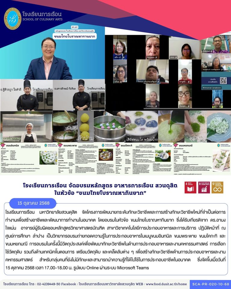 โรงเรียนการเรือน มหาวิทยาลัยสวนดุสิต จัดโครงการพัฒนายกระดับทักษะวิชาชีพและการสร้างทักษะวิชาชีพใหม่ที่จำเป็นต่อการทำงานเพื่อสร้างอาชีพและพัฒนาการทำงานในอนาคต โดยอบรมในหัวข้อ ขนมไทยโบราณหากินยาก