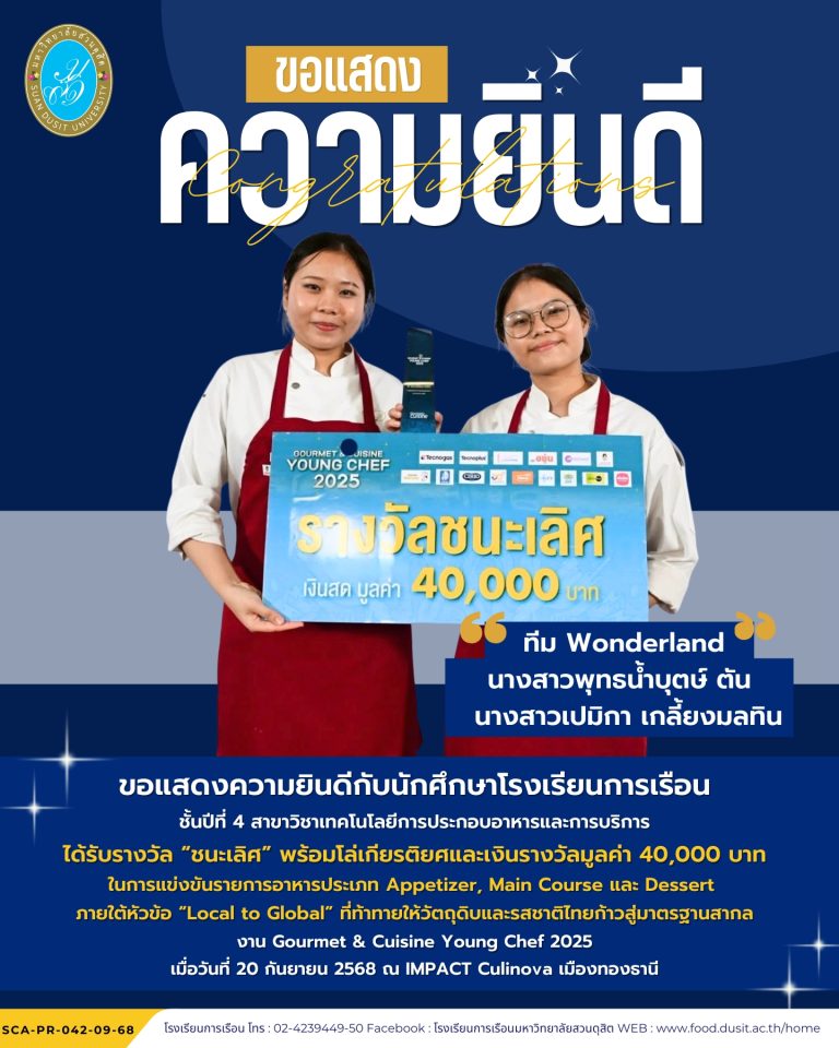 ขอแสดงความยินดีกับนักศึกษาชั้นปีที่ 4 สาขาเทคโนโลยีการประกอบอาหารและการบริการ คว้ารางวัล ชนะเลิศ จากการแข่งขัน Gourmet & Cuisine Young Chef 2025