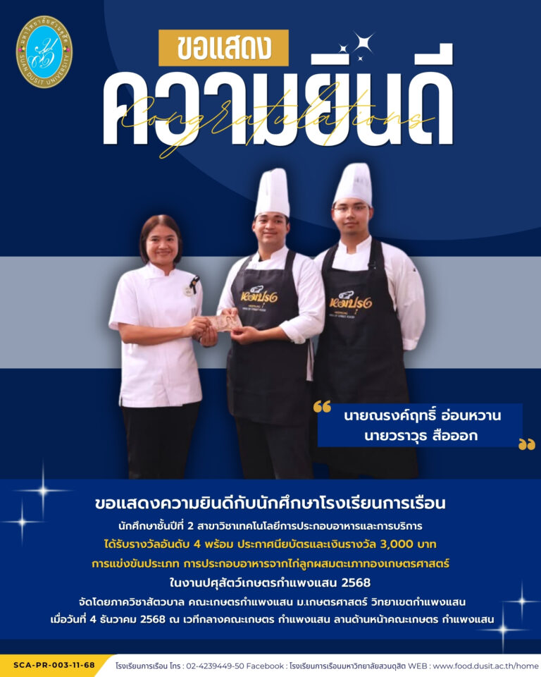 ขอแสดงความยินดีกับนักศึกษาโรงเรียนการเรือน ได้รับรางวัลอันดับ 4 พร้อมประกาศนียบัตรและเงินรางวัล 3,000 บาท ในการแข่งขัน การประกอบอาหารจากไก่ลูกผสมตะเภาทองเกษตรศาสตร์