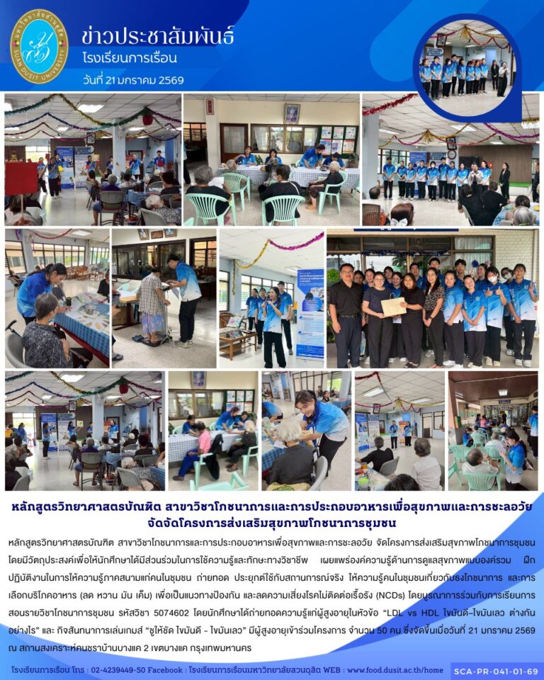 หลักสูตรวิทยาศาสตรบัณฑิต สาขาวิชาโภชนาการและการประกอบอาหารเพื่อสุขภาพและการชะลอวัย จัดโครงการส่งเสริมสุขภาพโภชนาการชุมชน