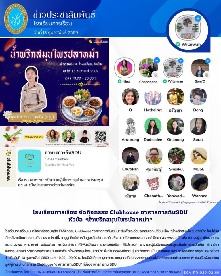 โรงเรียนการเรือน มหาวิทยาลัยสวนดุสิต จัดกิจกรรม Clubhouse “อาหารการกินSDU” รับฟังและร่วมพูดคุยแลกเปลี่ยน เรื่อง “น้ำพริกสมุนไพรปลาหมำ”