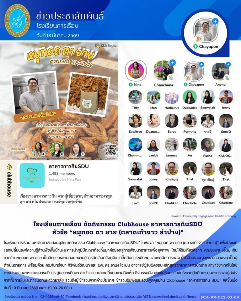 โรงเรียนการเรือน มหาวิทยาลัยสวนดุสิต จัดกิจกรรม Clubhouse “อาหารการกิน SDU” ในหัวข้อ “หมูทอด ตา ยาย (ตลาดเก๊าจาว ลำปาง)”