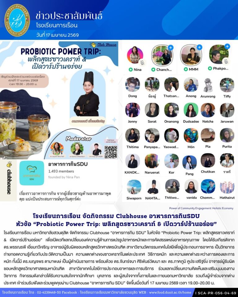 โรงเรียนการเรือน มหาวิทยาลัยสวนดุสิต จัดกิจกรรม Clubhouse “อาหารการกิน SDU” ในหัวข้อ “Probiotic Power Trip: พลิกสูตรซาวเคราท์ & เปิดวาร์ปร้านอร่อย”