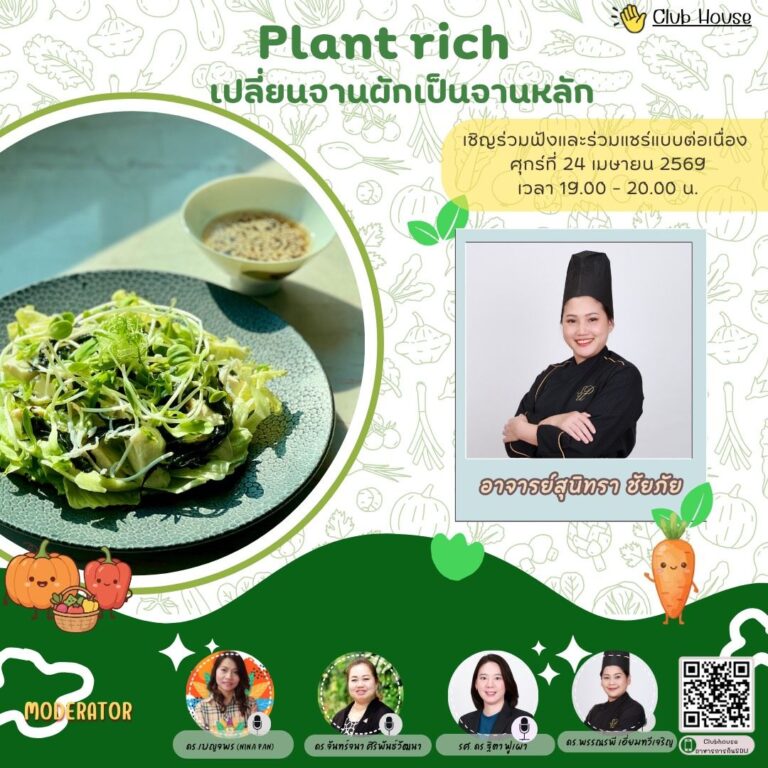 ประชาสัมพันธ์ Clubhouse คลับอาหารการกิน SDU พูดคุยในหัวข้อเรื่อง “Plant rich เปลี่ยนจานผักเป็นจานหลัก”