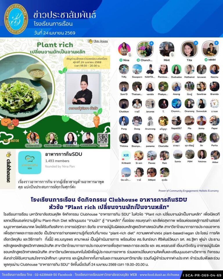 โรงเรียนการเรือน มหาวิทยาลัยสวนดุสิต จัดกิจกรรม Clubhouse “อาหารการกิน SDU” ในหัวข้อ “Plant rich เปลี่ยนจานผักเป็นจานหลัก”