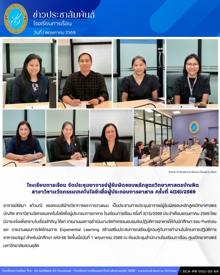 ประชุมอาจารย์ผู้รับผิดชอบหลักสูตรวิทยาศาสตรบัณฑิต สาขาวิชานวัตกรรมเทคโนโลยีเพื่อผู้ประกอบการอาหาร โรงเรียนการเรือน ครั้งที่ 3(15)/2569 ประจำเดือนพฤษภาคม 2569