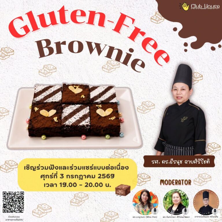 ประชาสัมพันธ์ Clubhouse คลับอาหารการกิน SDU  พูดคุยในหัวข้อเรื่อง “Gluten-Free Brownie”
