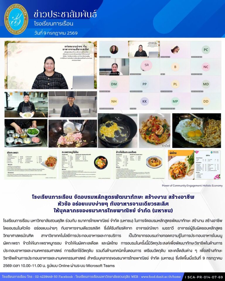 โรงเรียนการเรือน ร่วมกับ ธนาคารไทยพาณิชย์ จำกัด (มหาชน) ในการจัดอบรมหลักสูตรพัฒนาทักษะ สร้างาน สร้างอาชีพ ในหัวข้อ อร่อยแบบง่ายๆ กับอาหารจานเดียวรสเลิศ