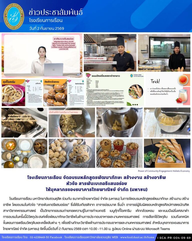 โรงเรียนการเรือน จัดอบรมหลักสูตรพัฒนาทักษะ สร้างงาน สร้างอาชีพ โดยอบรมในหัวข้อ “สารพันเเกอรีแสนอร่อย” ให้บุคลากรธนาคารไทยพาณิชย์ จำกัด (มหาชน)