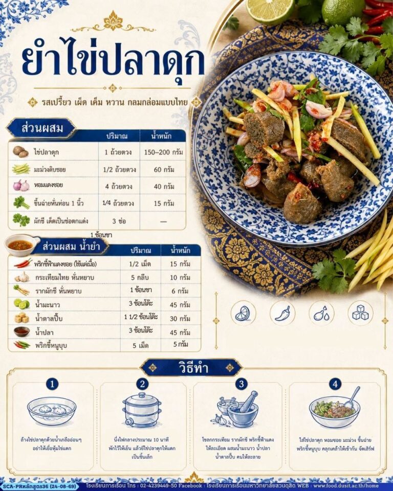 ยำไข่ปลาดุก “รสจัดจ้าน เปรี้ยว เค็ม หวาน กลมกล่อม หอมสมุนไพรไทย ตัดด้วยมะม่วงดิบกรุบกรอบ อร่อยครบรสในคำเดียว”