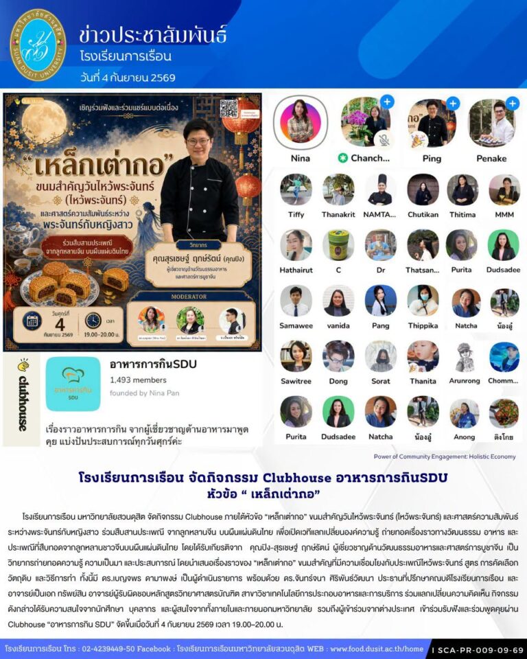 โรงเรียนการเรือน มหาวิทยาลัยสวนดุสิต จัดกิจกรรม Clubhouse ภายใต้หัวข้อ “เหล็กเต่ากอ”