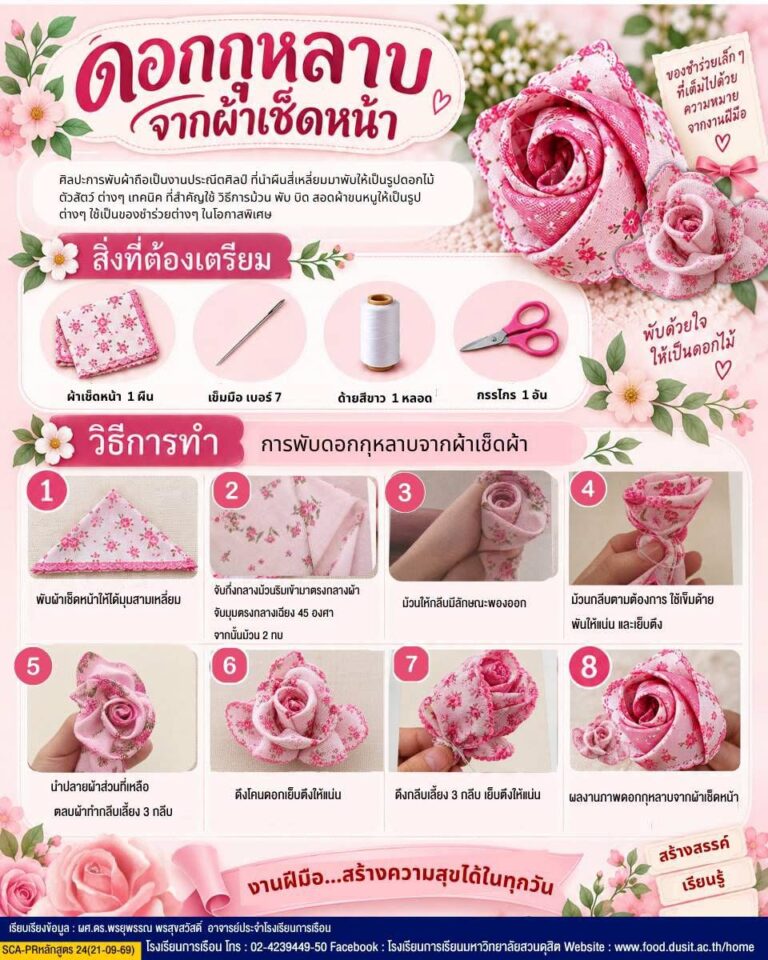 “ศิลปะการพับผ้า : ดอกกุหลาบจากผ้าเช็ดหน้า”